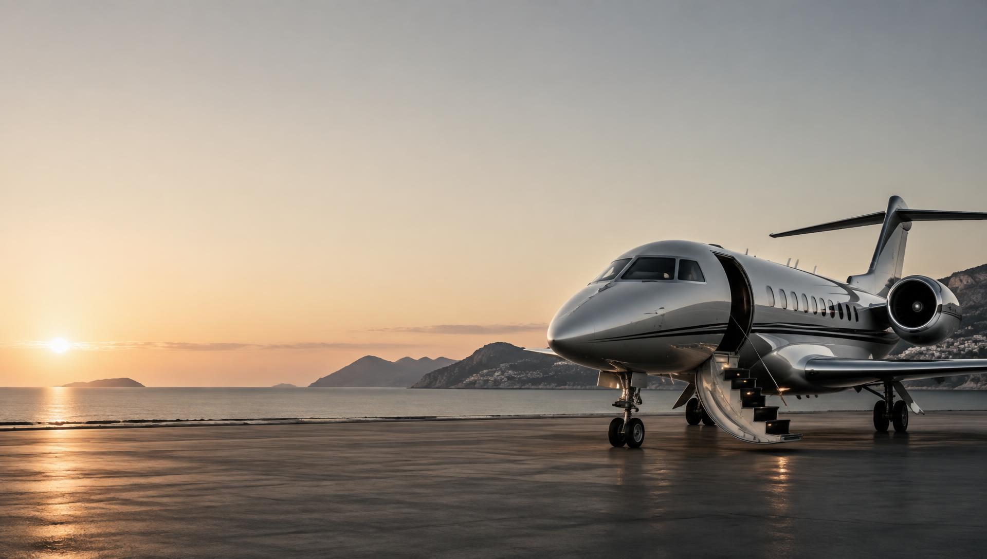 Private jet at a coastal airfield at sunset